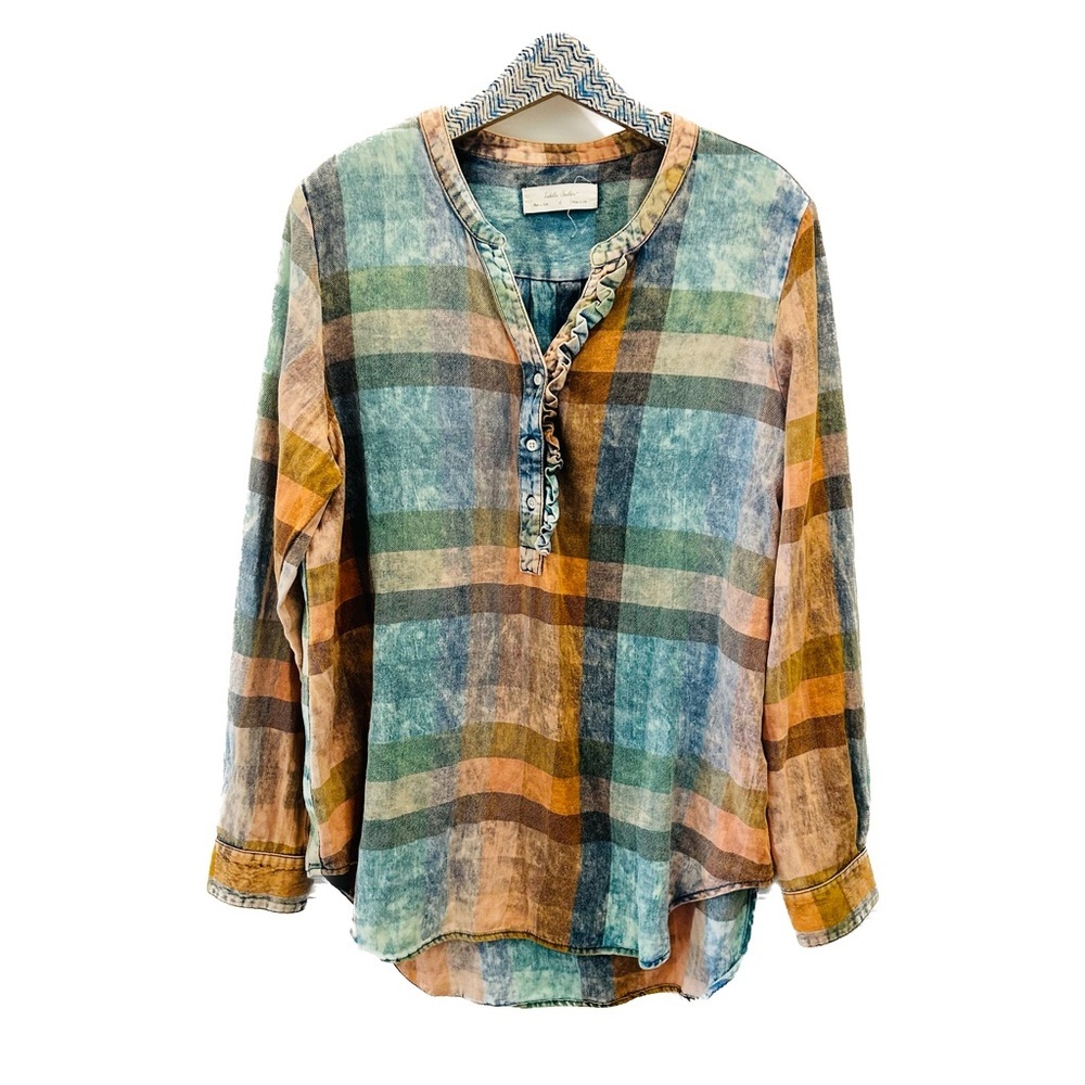 Anthropologie Isabella Sinclair Plaid Tunic Shirt large orange blue green
